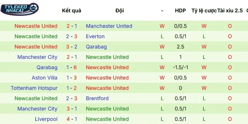 Hiệu suất ra sân của Newcastle